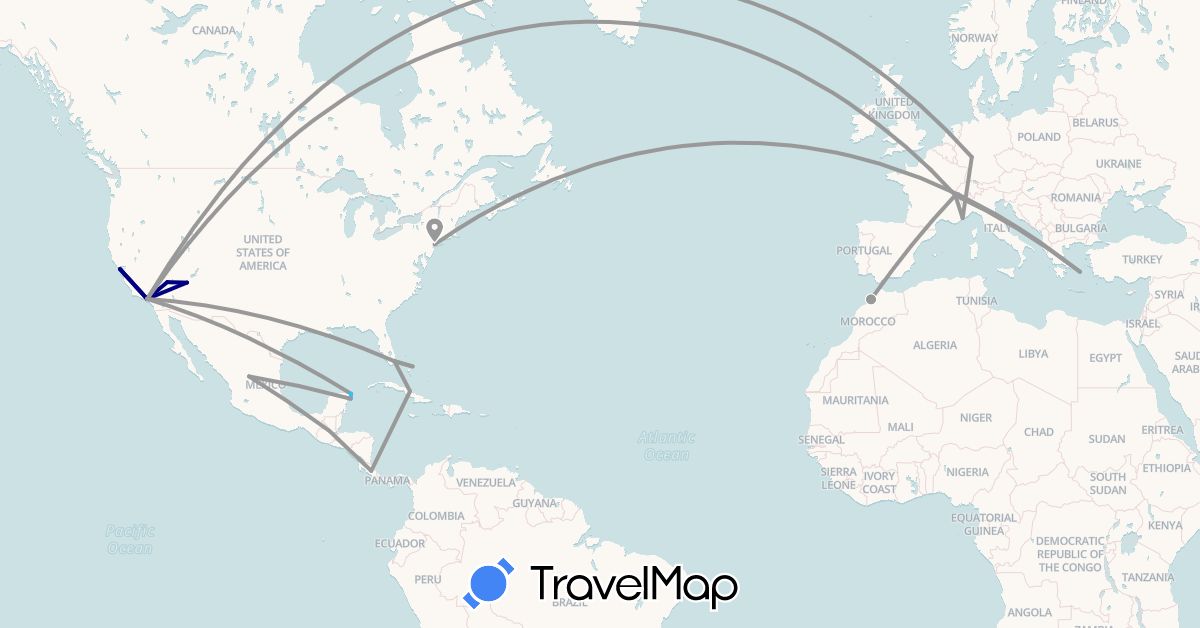 TravelMap itinerary: driving, plane, boat in Bahamas, Switzerland, Costa Rica, Cuba, Germany, France, Greece, Guatemala, Morocco, Mexico, United States (Africa, Europe, North America)